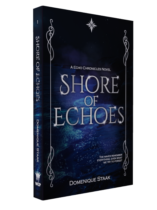 Cover Design Boekomslag van "Shore of Echoes" met een mystieke achtergrond en grote, sierlijke letters.